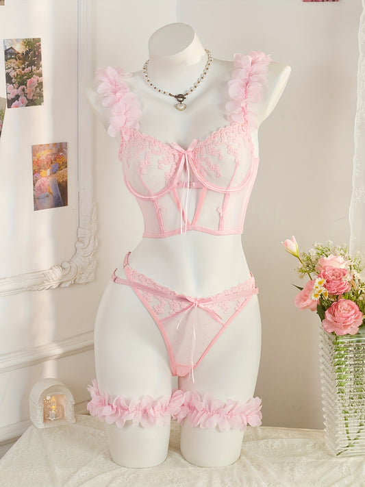 Elegant Lingerie Set with Adjustable Straps and Floral Accents - Pink Lace Bra with Bow Detail, Matching Panties, and Garter Belt for Women, Adult Size, Elegant Style, Elegant Lingerie|Floral Lingerie|Adjustable Straps