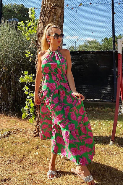 Free Shipping For Pink Flowers Print Green Halter Neck Sleeveless Long Maxi Dress With Belt