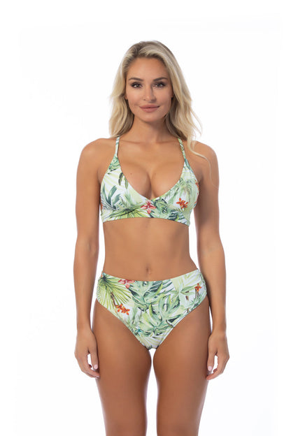 Free Shipping For Leaf Print Back Lace up Bikini Set