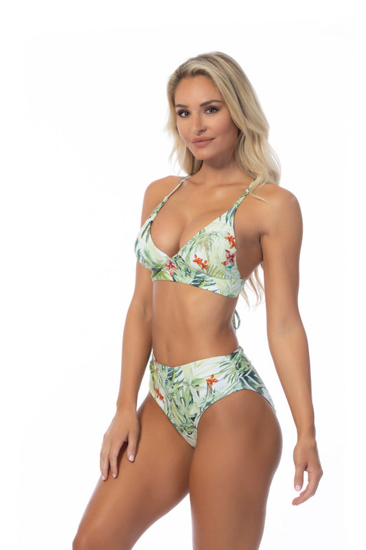 Free Shipping For Leaf Print Back Lace up Bikini Set