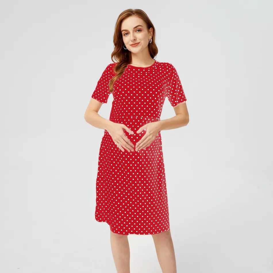 Free Shipping ForPregnant women's polka dot round neck short sleeved nursing dress