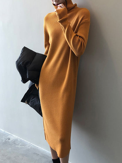 Urban Loose Long Sleeves Split-Side Solid Color High-Neck Sweater Dresses-Homeunderwear