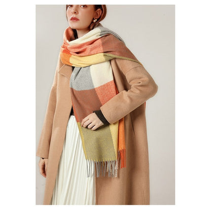 British Style Imitated Cashmere Plaid Tassled Shawl Scarf