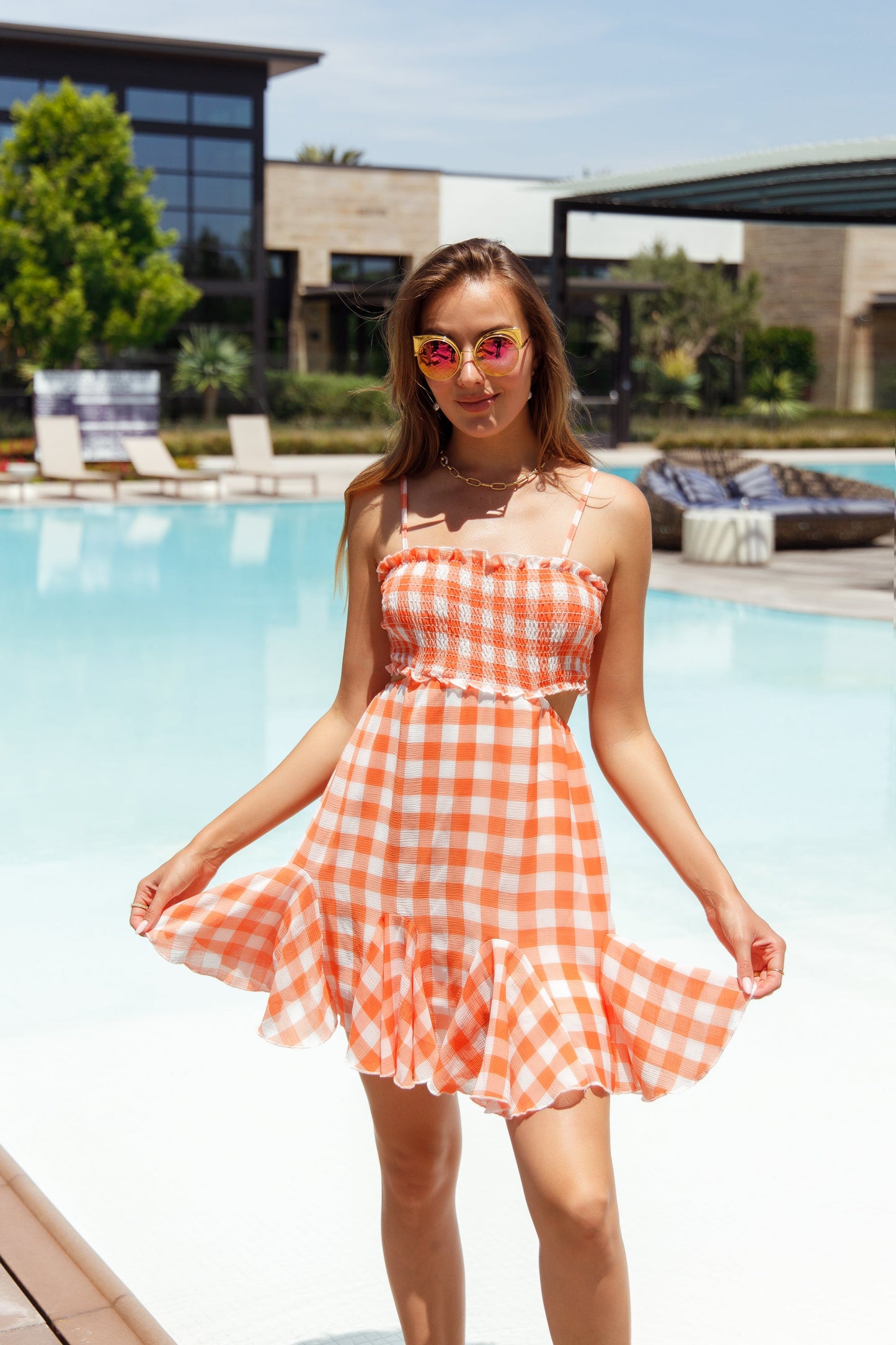 Free Shipping For Orange Plaid Cut-out Side Ruffle Mini Dress