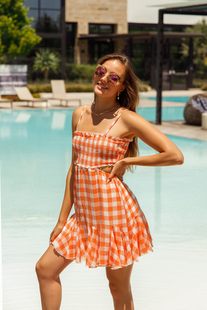 Free Shipping For Orange Plaid Cut-out Side Ruffle Mini Dress