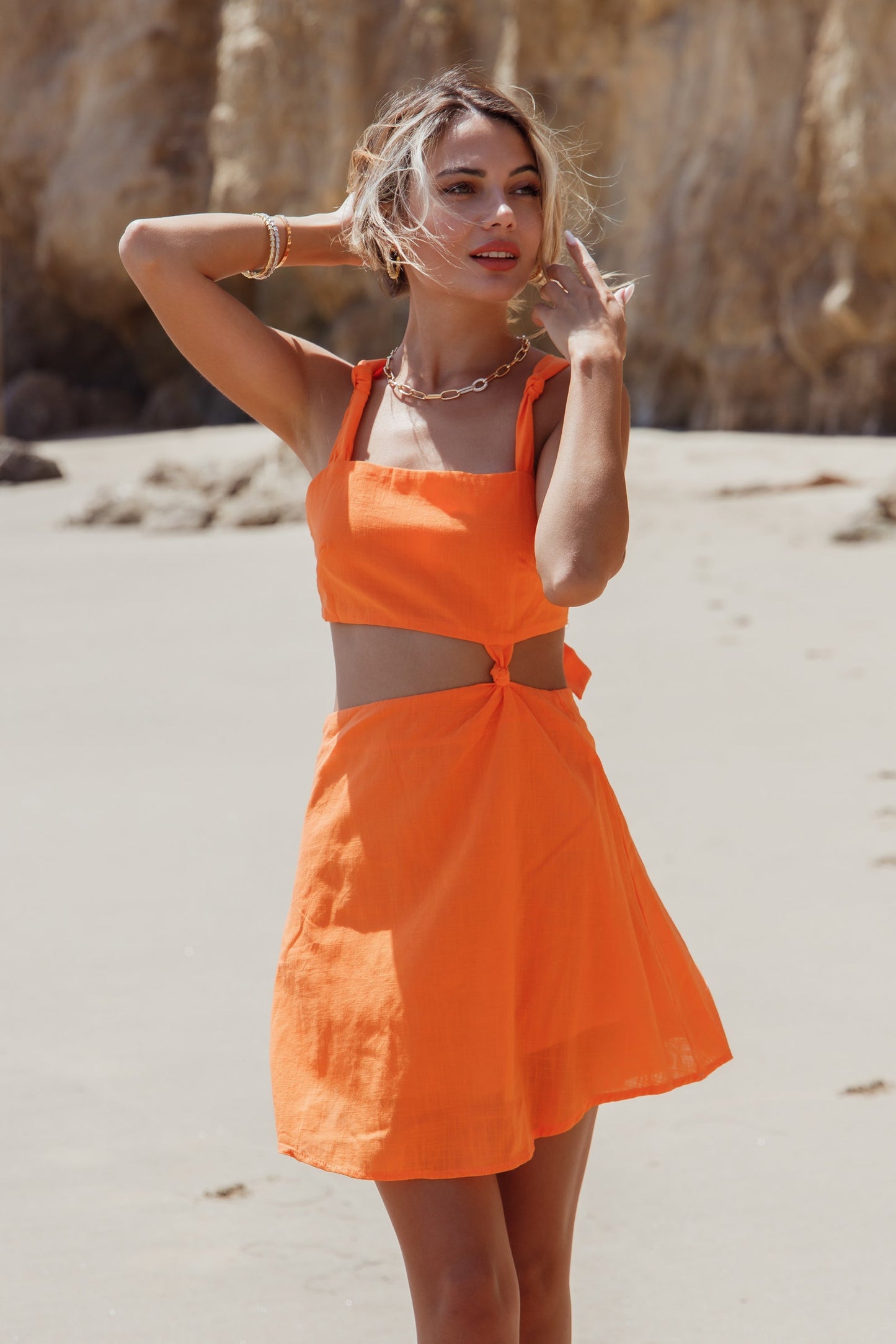 Free Shipping For Orange Basic Tie Back Cotton Mini Dress