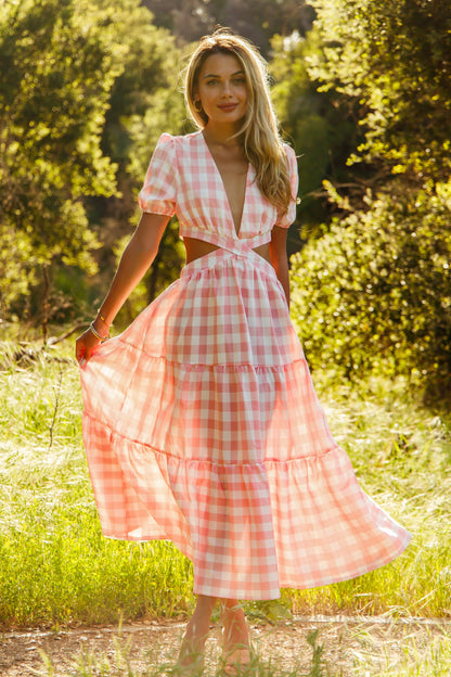 Free Shipping For Pink Plaid V-neck Cut Out Maxi Dress