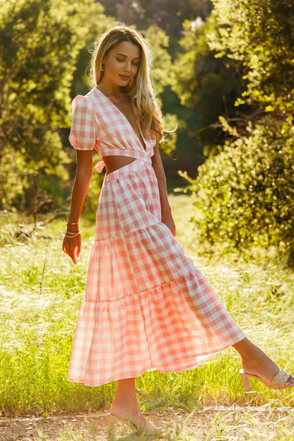 Free Shipping For Pink Plaid V-neck Cut Out Maxi Dress