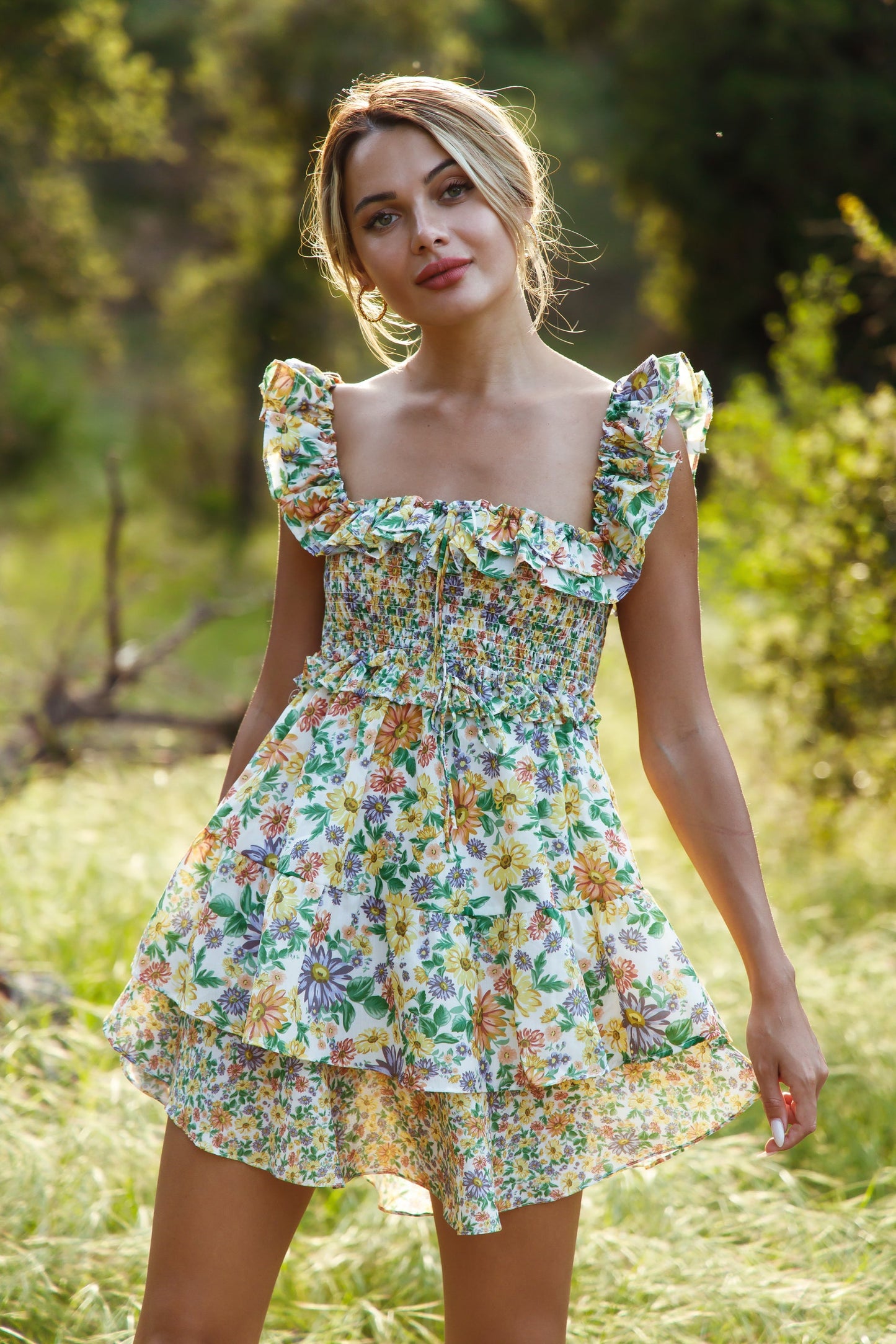 Free Shipping For Florals Print Ruffle Trim Sleeveless Chiffon Mini Dress