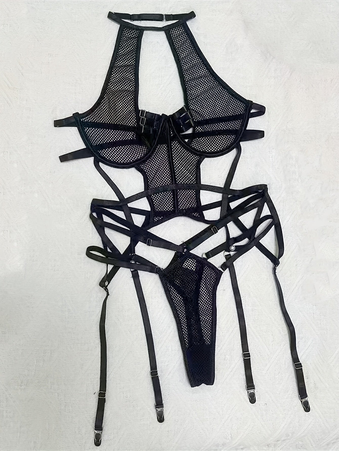 Sexy Black Lingerie Set, Polyester 95% Elastane 5% Knit Fabric, Solid Color with Contrast Mesh Details, Adult Lash Sets with Harness and Garter Belt