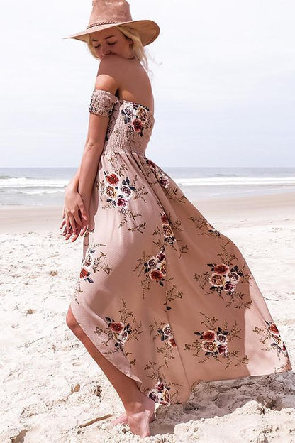 Clearance Off Shoulder Short Sleeves Low High Split Flower Print Long Beach Dress