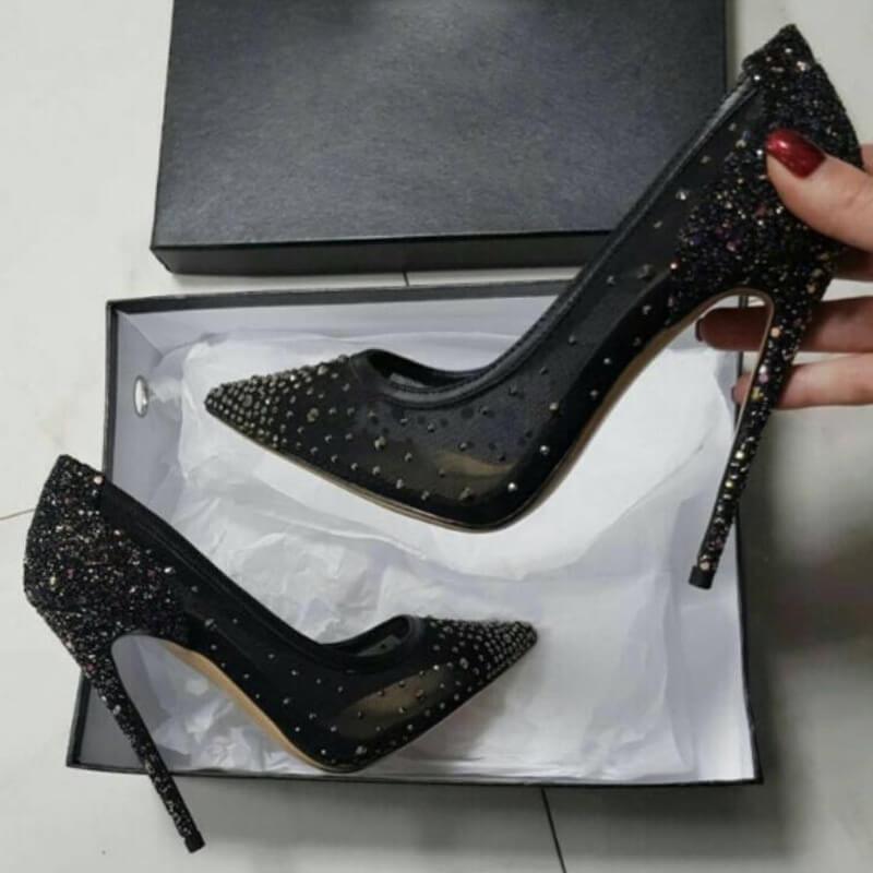 Point Toe  Rhinestone Leather Stiletto Heel Pumps