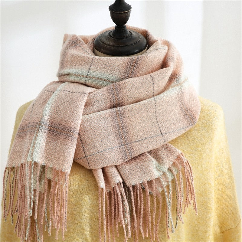 Imitated Cashmere Warm Plaid Tassled Shawl Scarf