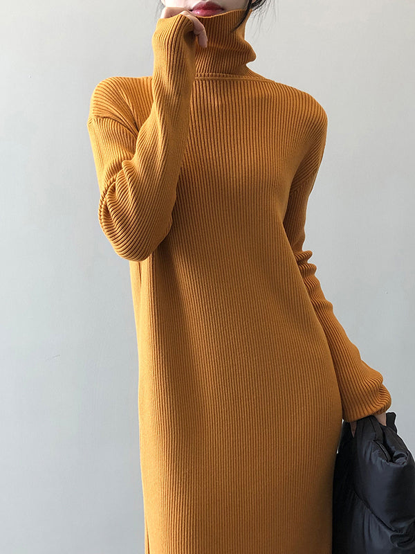 Urban Loose Long Sleeves Split-Side Solid Color High-Neck Sweater Dresses-Homeunderwear