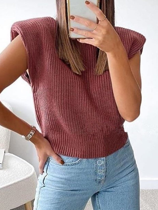 Casual Cap Sleeve Solid Color High-Neck Sweater Tops Pullovers-Homeunderwear