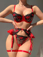 Women'S Sexy Lingerie 5pcs Set Red Bra Outfit with Mesh Embroidery, Pure Desire Seductive Thong Underwear, Sexy Uniform Set: Bra + Garter Belt + Waist Cover + Leg Rings