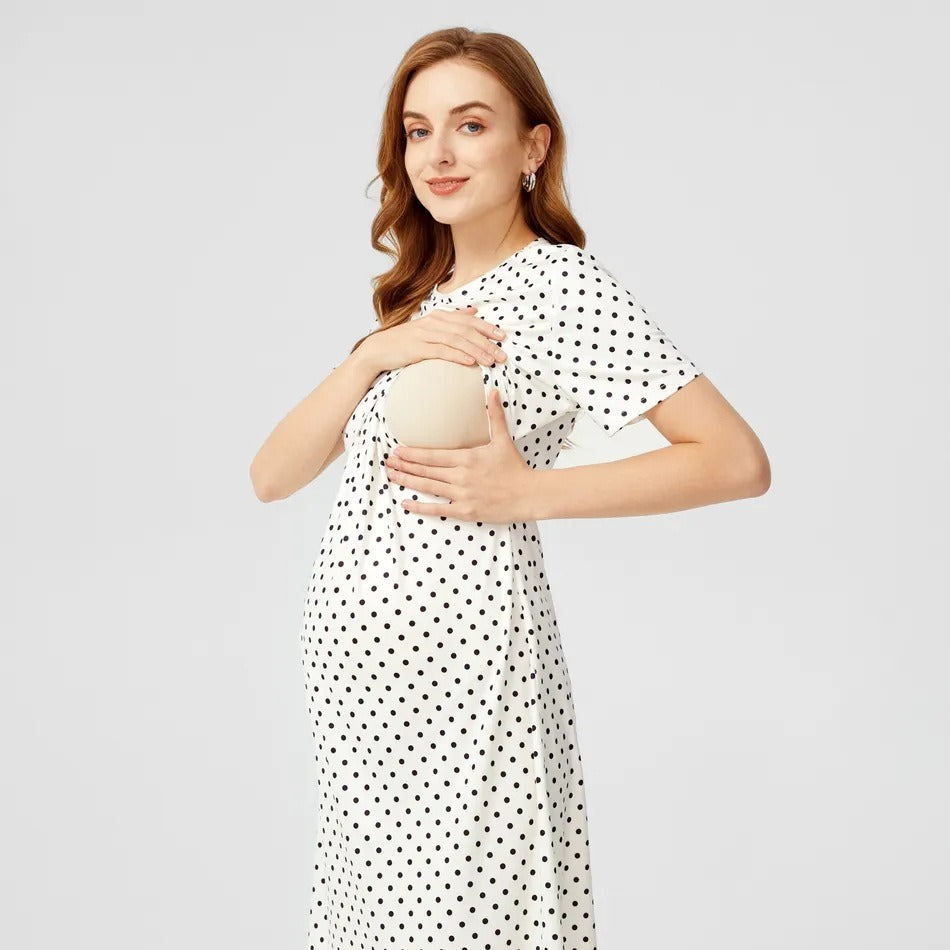 Free Shipping ForPregnant women's polka dot round neck short sleeved nursing dress