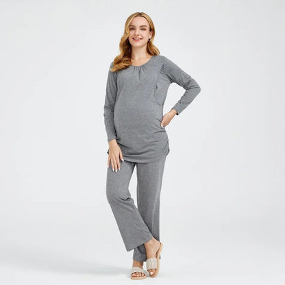 Free Shipping ForNew European and American solid color round neck long sleeved pants lactating maternity suit