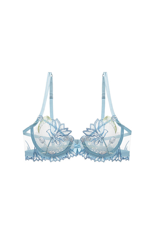 Free Shipping For Blue Flower & Cherry Embroidery Underwire Bra Lingerie