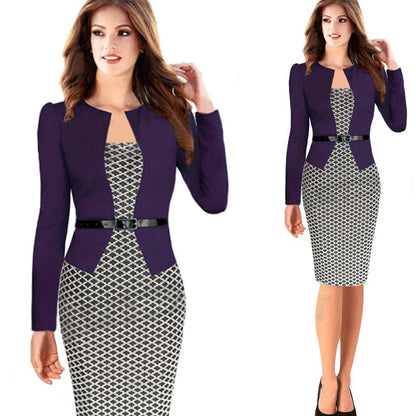 Clearance Plaid Patchwork Long Sleeves Knee-length Pencil Dress With Belt on