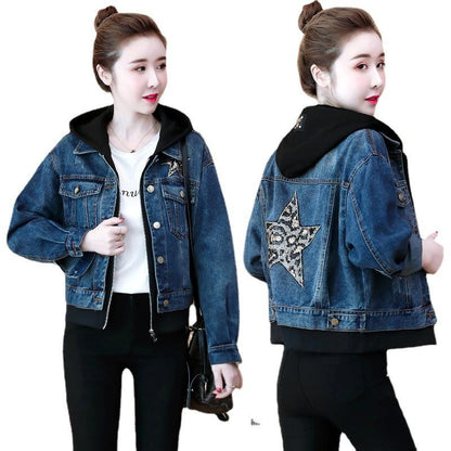 Fashion Hooded Loose Denim Coat Fake Two-Piece Set