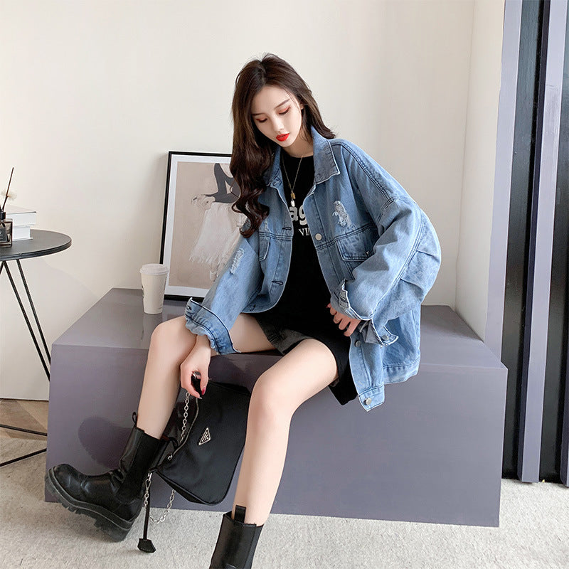 Autumn Loose Hole Denim Coat-Homeunderwear