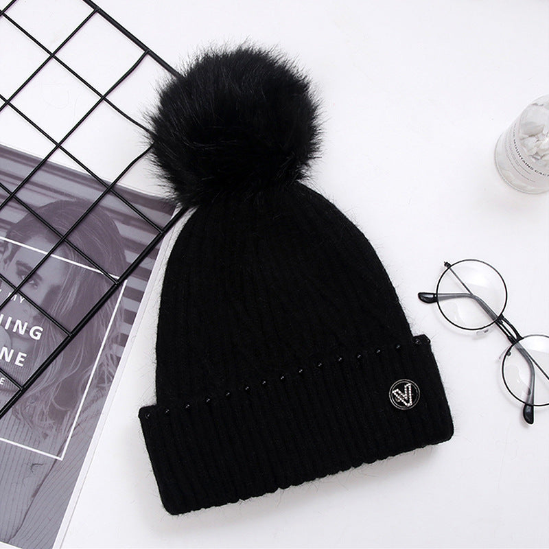 Autumn and winter Korean sweet and lovely pearl hat brim V letter wool ball Knitted Warm thread hat-Homeunderwear