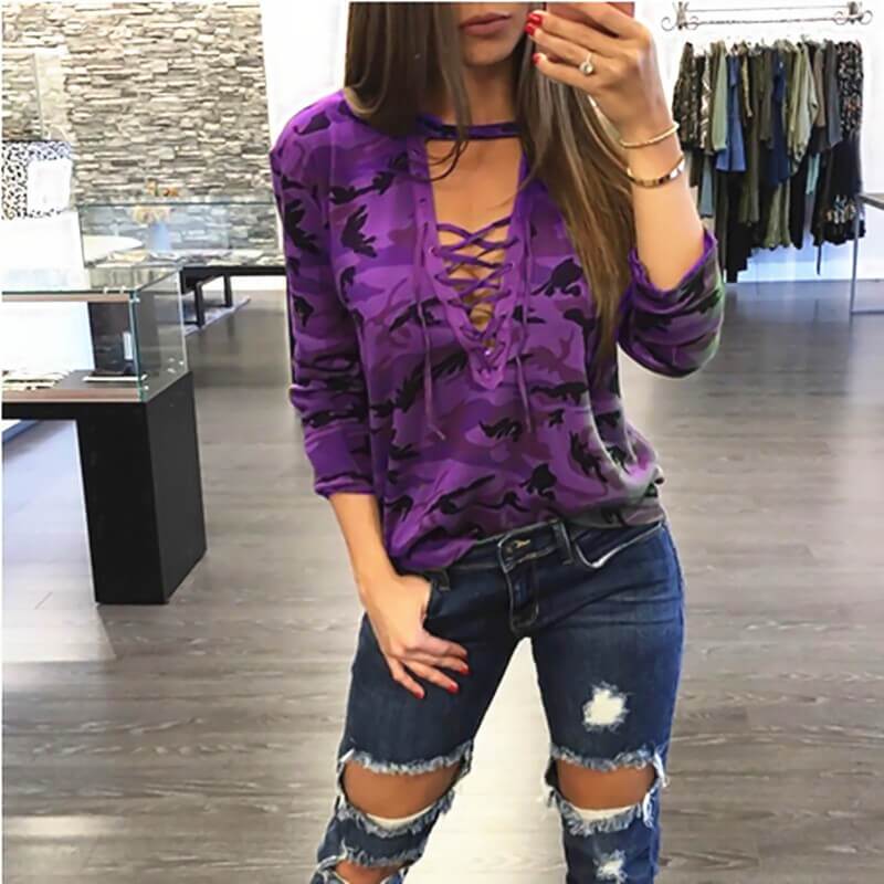 V-neck Camouflage Print Long Sleeves Blouse