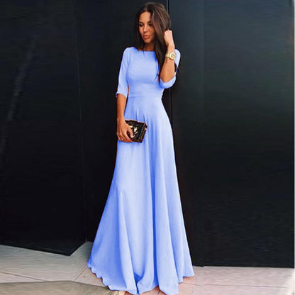 Clearance Slim Pure Color 3/4 Sleeves Pleated Long Maxi Dress