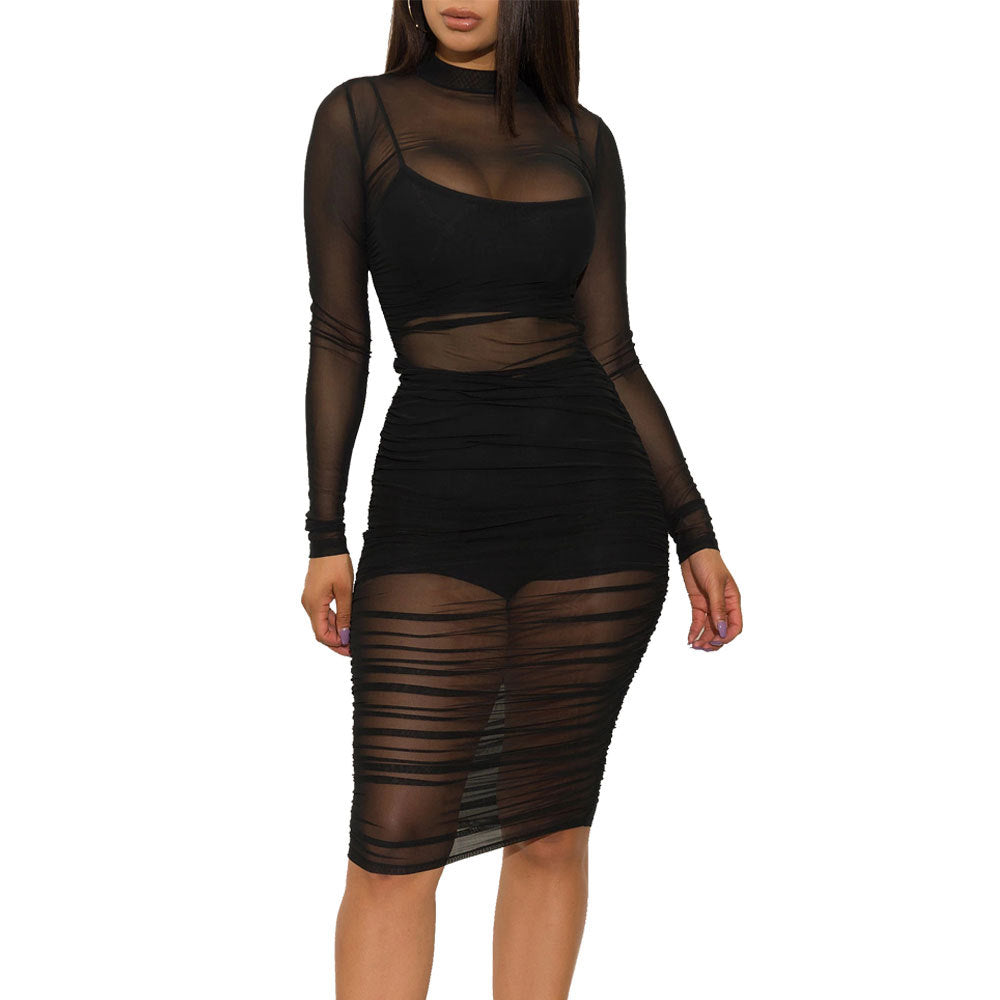 Sexy Mesh Long Sleeve Party Dress(Dress + Vest + shorts 3-piece set)