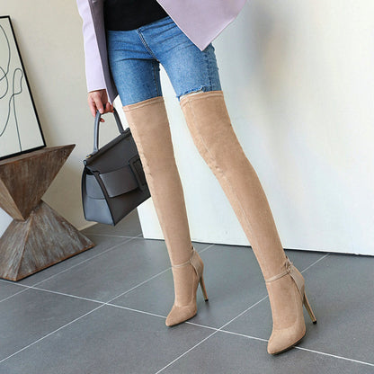 Autumn And Winter Pointed Ultra-Fine High Heel Elastic Velvet Knee High Boots-Homeunderwear