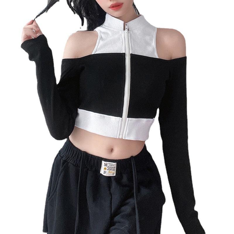 Off shoulder fake two piece contrast long sleeve T-shirt-homeunderwear