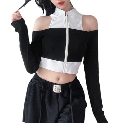 Off shoulder fake two piece contrast long sleeve T-shirt-homeunderwear