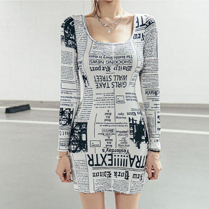 Fashion Long Sleeve Newspaper Printed Off Shoulder Dress