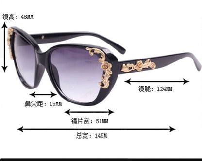 Women's Vintage Gold-tone Roses Carving Oversize Black Frame Sunglasses