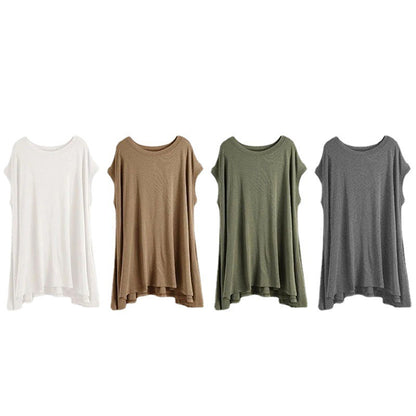 Casual Simple Loose Solid Color Pleated Round-Neck Short Sleeves T-Shirt Tops