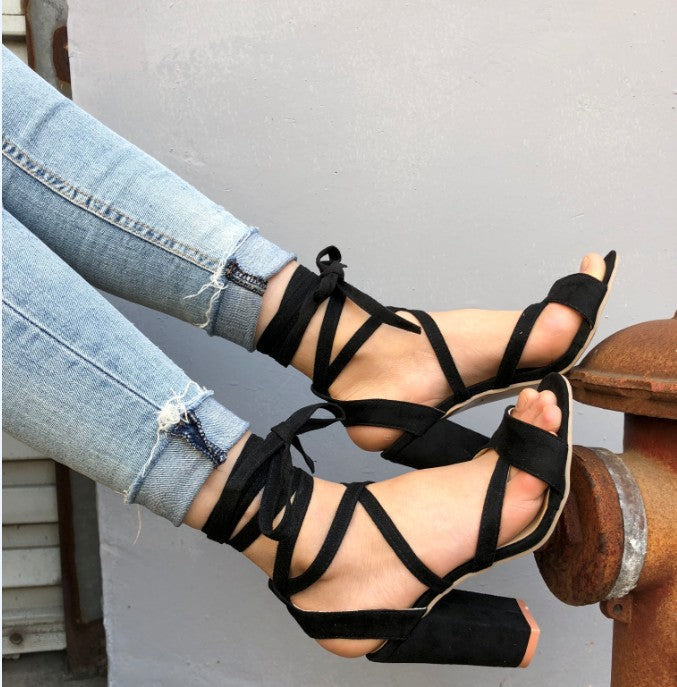 Open Toe Ankle Wraps Lace Up Chunky Heels Sandals