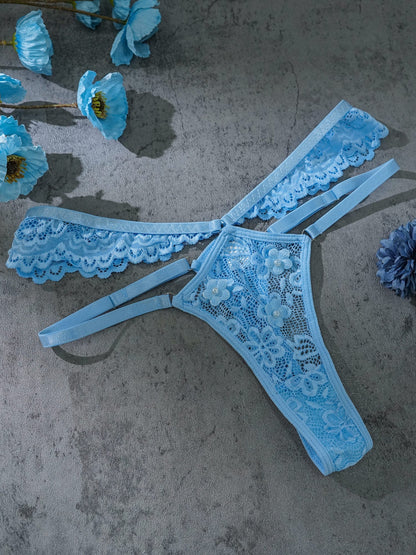 Free Shipping For Blue Pearls Small Flower Lace Lingerie Set