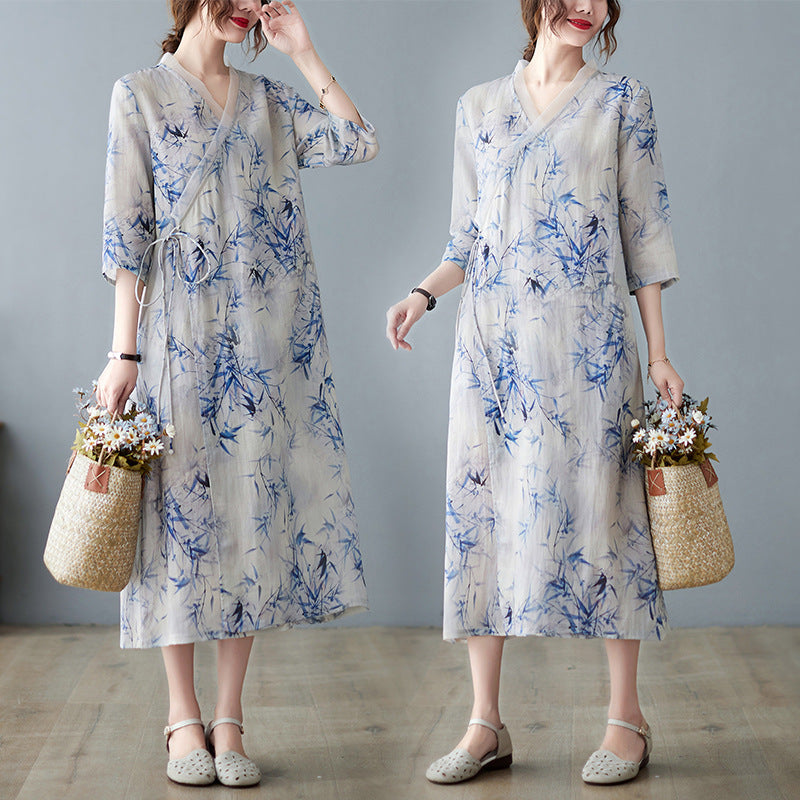 Korean Style Artistic Printed Loose Belted Dress