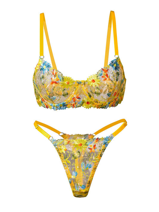 Free Shipping For  Yellow Flowers Embroidery Lingerie Set 2PC