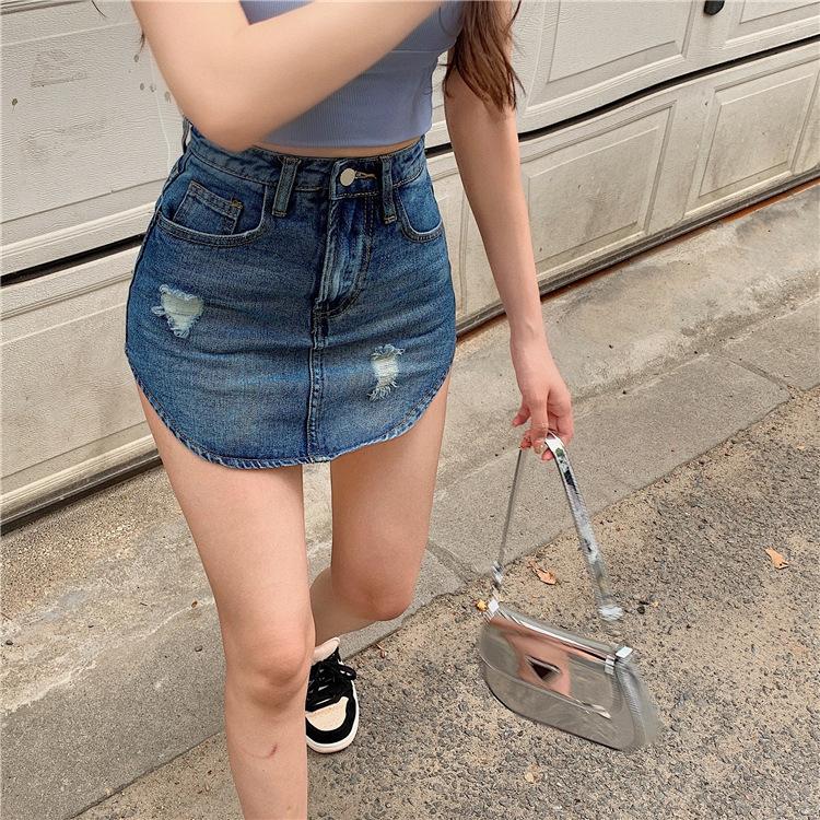 Pleated Slit High Waist Wrap Arm Denim Skirt