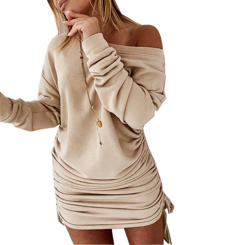 Off Shoulder Drawstring pleated Long Sleeve Dress-homeunderwear