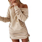 Off Shoulder Drawstring pleated Long Sleeve Dress-homeunderwear