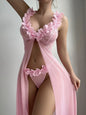 Wedding Lace Splicing Mesh Three-Dimensional Flower Front Button Slit Long Nightgown + Thong 2pcs