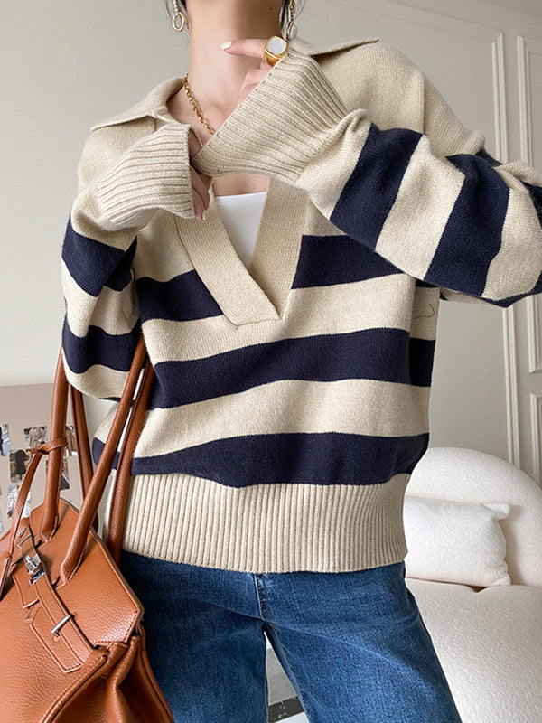 Original Creation Loose Long Sleeves Contrast Color Striped Deep V-Neck Sweater Tops