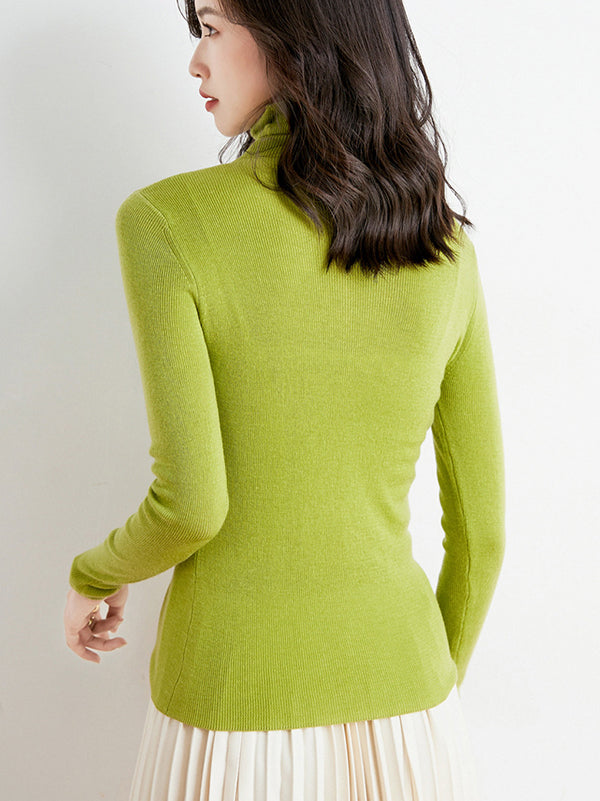 Simple Skinny Long Sleeves Solid Color High-Neck Sweater Tops Pullovers-Homeunderwear