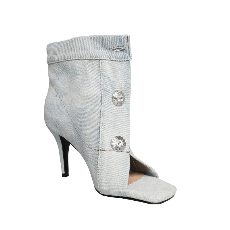 Cowboy Denim Peep Toe Stiletto Boots-Homeunderwear