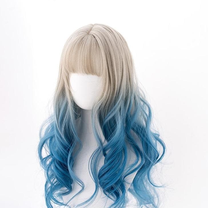 Free Shipping For Hivava White Blue Mixed Large Wavy Long Curly Wig