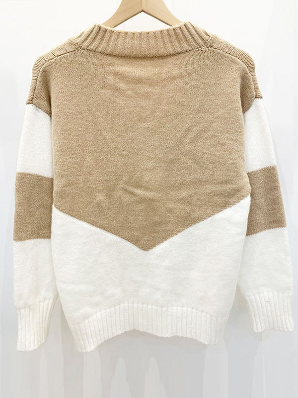 Casual Long Sleeves Loose Contrast Color V-Neck Sweater Tops-Homeunderwear