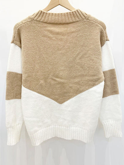 Casual Long Sleeves Loose Contrast Color V-Neck Sweater Tops-Homeunderwear